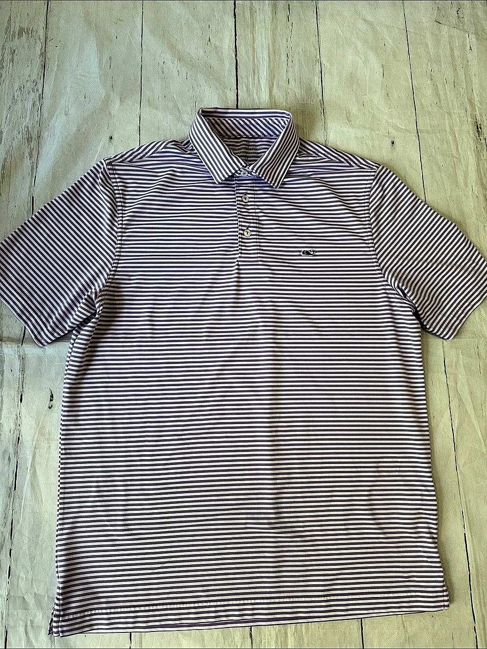 Vineyard Vines Performance Striped Polo in Purple & White Size Medium